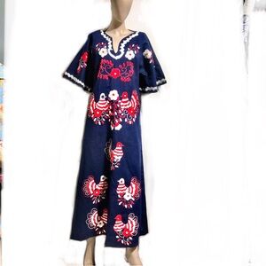 Vintage Mexican Huipil Maxi Dress Embroidered Birds Boho Ethnic Folk